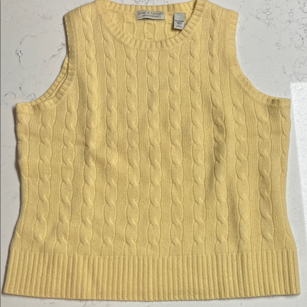 Lord and Taylor 100% Cashmere Soft Yellow Cable Knit Sleeveless Top
